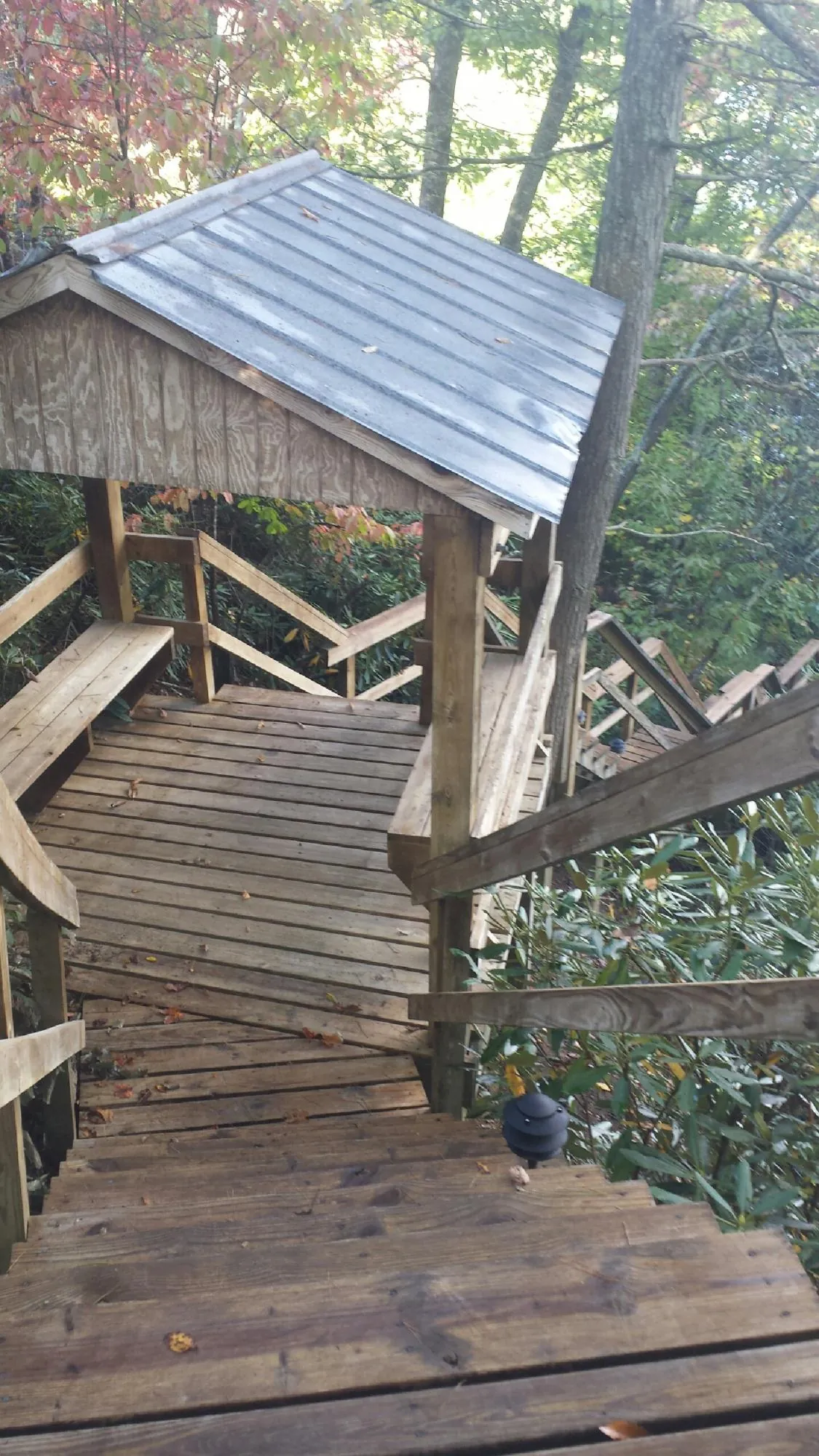 Metal roofed shelter over wooden steps on a wooded walkway — Skylight Repair & Installation work by our crew in Harper
